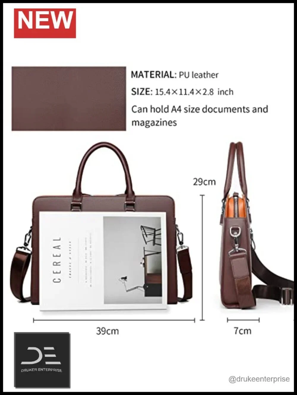 Leather Briefcase Laptop Bag for Men with Padded Handle Shoulder Strap